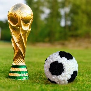 Close-up of golden trophy replica and black white rose soccer ball on green grass
