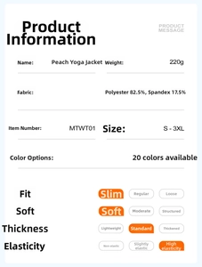 Detailed fabric chart for slim fit yoga jacket showing 82.5% polyester material