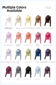 Matrix display of twenty colors for women's slim fit zip-up yoga jackets with thumb holes