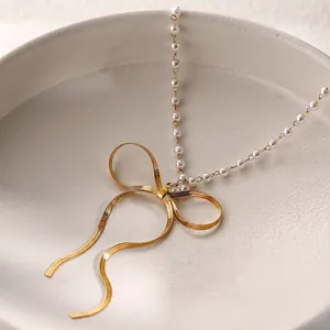Elegant Ribbon Bow Pendant Necklace For Women With White Artificial Pearl Chain And 18K Gold Plated Stainless Steel Jewelry