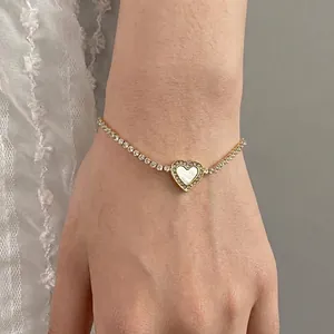Bracciale Cuore In Acciaio Inossidabile Con Intarsio Di Conchiglia E Catena Tennis Zirconi Scintillanti Per Donna Dorato