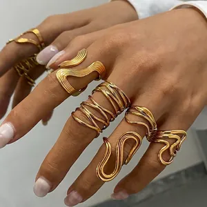 Stainless Steel Irregular Abstract Line Ring For Women Adjustable Open Geometric Minimalist High Polish Jewelry