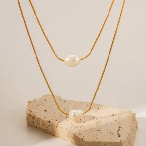 Double Layer Necklace 18K Gold Plated Stainless Steel With Baroque Artificial Pearls Snake Chain Elegant Jewelry For Women