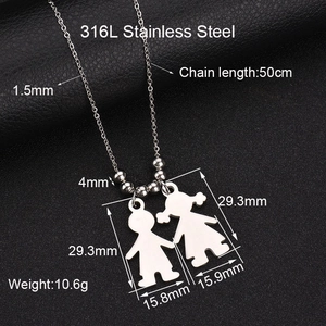 Detailed specs of boy and girl steel pendant with dimensions and 316L material info
