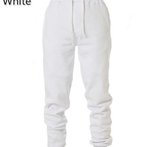 Men's white casual sweatpants with elastic drawstring waist and stacked ankle cuffs