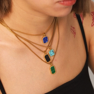 Layered 18k gold plated stainless steel necklaces with colorful octagonal pendants