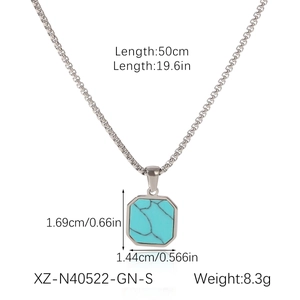 Detail view of octagon natural stone pendant with 50cm stainless steel chain measurements