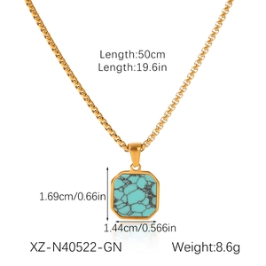 Detail of gold box chain necklace with turquoise octagon pendant showing dimensions and weight
