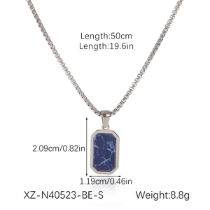 Detail of stainless steel box chain necklace with blue marble pendant dimensions and weight