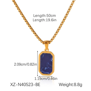 Detail of gold box chain necklace with rectangular blue stone pendant and size specs