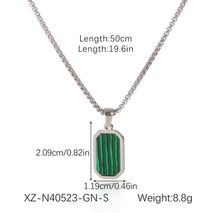 Detail view of rectangular green stone pendant with 50cm silver chain and size specs
