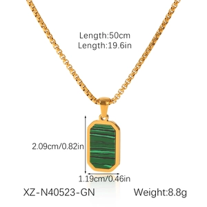 Detailed specs of gold necklace with green malachite pendant and 50cm box chain size