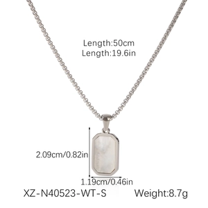 Detail showing dimensions of stainless steel necklace with white natural stone pendant
