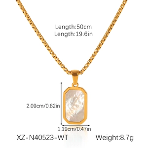 Detailed size specifications for gold rectangle pendant necklace with mother of pearl inlay