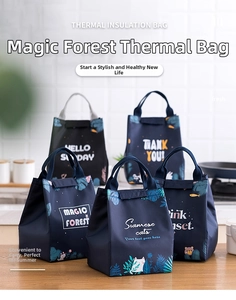 Detail of insulated lunch bags with Magic Forest prints and sturdy handles in a kitchen setting