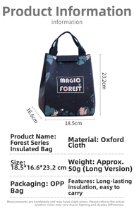 Detail showing dimensions of blue forest insulated lunch bag with magic fox print