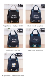 Insulated lunch bag details showing five animal patterns with durable handles