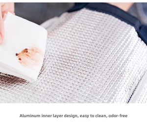 Close-up of waterproof aluminum foil lining showing easy-to-clean lunch bag interior