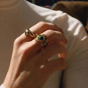Vintage Malachite Ring Stainless Steel Multi Layer Geometric Gold Plated Jewelry For Women Retro Bohemian Fashion Finger Accessory
