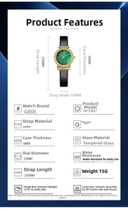 Technical specifications and dimension diagram for elegant mother-of-pearl dial quartz watch