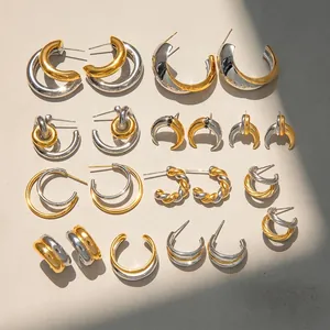 Stainless Steel C-Shaped Hoop Earrings Two-Tone Gold Silver Geometric Fashion Minimalist Waterproof Hypoallergenic For Women