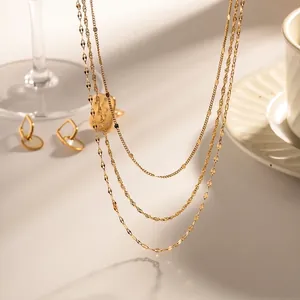 Layered Necklace 18K Gold Plated Stainless Steel Triple Layer Chain Link Minimalist Fashion Jewelry For Women