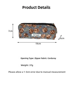 Floral corduroy storage bag specs: 19x7x6cm, 37g, zipper closure and grey-blue rose pattern