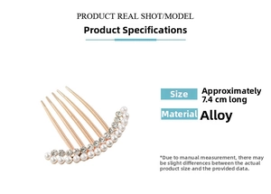 Detail of 7.4cm metal hair comb with elegant butterfly shape pearls and rhinestones