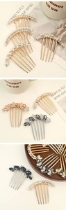 Detail showing elegant gold 6-tooth hair comb with curved pearls and rhinestones