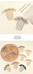 Detailed close-up of alloy hair combs with pearls, rhinestones and butterfly designs