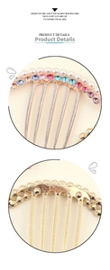 Detailed view of golden five-tooth hair comb with inlaid pearls and multi-color rhinestones