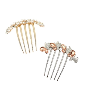 Elegant gold pearl and silver butterfly metal hair combs with rhinestones and crystals