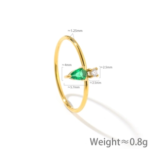 Minimalist titanium steel ring featuring pear-cut green zircon and round clear stone