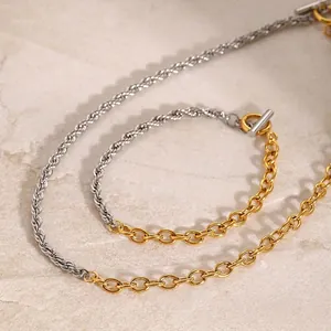 Stainless Steel Two-Tone Mixed Chain Necklace Gold Silver Rope Cable Link T-Bar Clasp Waterproof Hypoallergenic For Women