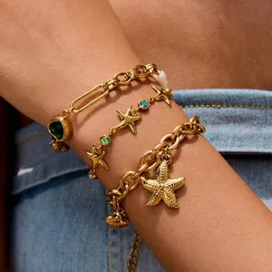 Stainless Steel Starfish Heart Gem Bracelet For Women Zircon Artificial Pearl Shell Ocean Summer Vacation Jewelry Waterproof