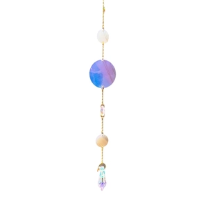Modern suncatcher with purple iridescent disk and clear crystal pendant on a gold chain