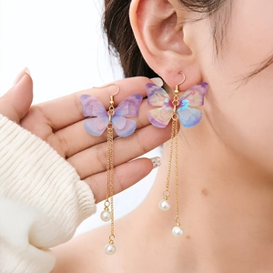 Boucles D'oreilles Pendantes Papillon Pampille Aile Tissu Alliage Faux Perle Zircon Asymétrique Femme