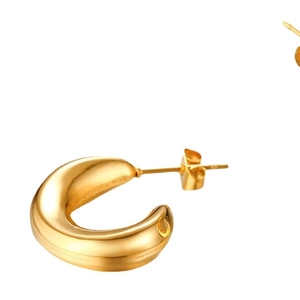 Polished 18k gold plated stainless steel C-shaped chunky hoop earrings on white background