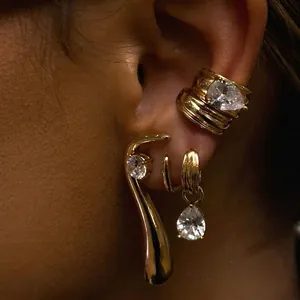 Water Drop Zircon Stainless Steel Earrings And Ear Cuffs Luxury Gold Plated Pear Cubic Zirconia Hypoallergenic Jewelry Women