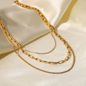 Retro INS Style Gold Plated Stainless Steel Triple Layer Necklace For Women Paperclip Box Chain Geometric Jewelry