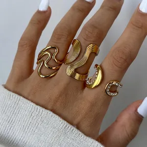 Stainless Steel Rings For Women Gold Plated Irregular Wave Geometric Hollow Minimalist Adjustable Waterproof Jewelry