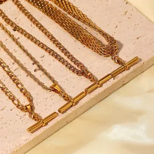 Stainless Steel T-Bar Pendant Necklace 18K Gold Plated Toggle Clasp Cuban Figaro Rope Chain Punk Hip Hop Jewelry For Women
