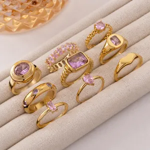 Mode Edelstahl Rosa Strass Ring Für Damen Vergoldet Rechteckig Herzform Verstellbar Stacking Fingerring Schmuck