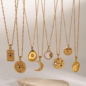 Stainless Steel Star Zircon Pendant Necklace Gold Plated Bohemian Celestial Sun Moon Compass Jewelry For Women