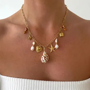 Collana Con Ciondoli Oceano Acciaio Inossidabile Placcato Oro Conchiglia Stella Marina Cuore Lucchetto Perla Artificial Barocca Donna