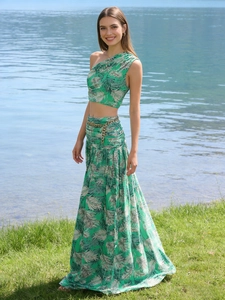 Asymmetrical Shoulder Crop Top And High Waist Maxi Skirt Tropical Palm Leaf Print Satin Summer Beach Holiday Resort Women