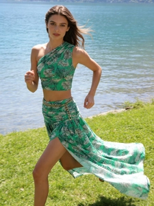 Maillard-style green palm leaf tropical print two-piece summer vacation dress set