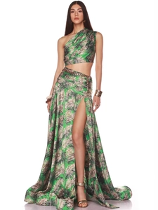 Two-piece tropical palm leaf print set with off-shoulder crop top and high-slit maxi skirt