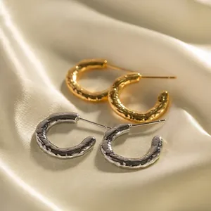Stainless Steel Hoop Earrings 18K Gold Plated Irregular Lava Hammered Texture C-Shape Geometric Jewelry For Women