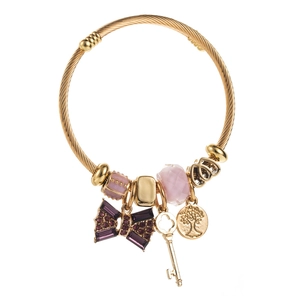 Gold stainless steel twisted rope bracelet with purple zircon bow and key charms